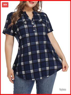 Plus Size Tunic Top Short Sleeve V Neck Plaid Button Down Blouse